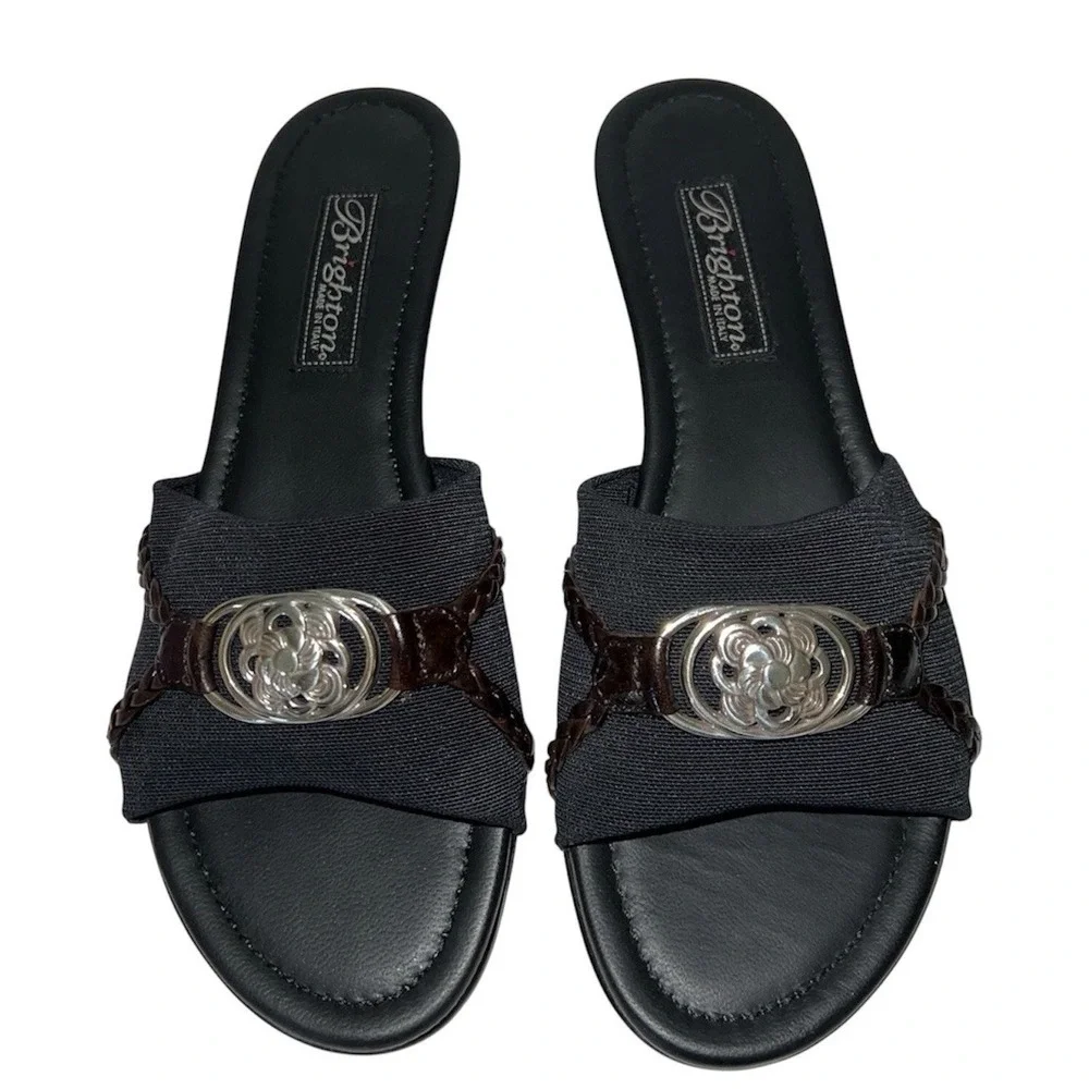 Brighton‎ Lilian Black Leather Wedge Mules Size 8 Silver